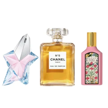 Combo of 3 Fragrances – Angel by Mugler, Flora Gorgeous Gardenia by Gucci, and Chanel N°5 by Chanel [100 ml each]