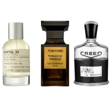 Combo of 3 Fragrances – Santal 33 by Le Labo, Tobacco Vanille by Tom Ford, and Aventus by Creed [100 ml each]