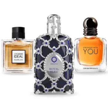 Combo of 3 Fragrances – Royal Bleu by Orientica, L’Homme Idéal L’Intense by Guerlain, and Stronger With You by Giorgio Armani [100 ml each]