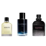 Combo of 3 Fragrances – Sauvage Parfum by Dior, Uomo Born in Roma by Valentino, and Armani Eau Pour Homme by Giorgio Armani [100 ml each]